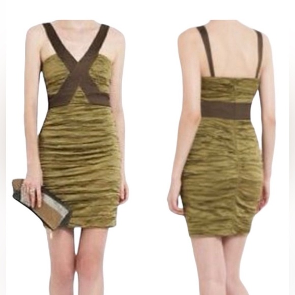 BCBG MaxAzria Simsom Olive Taffeta Ruched Mini Dress 4 Olive Green NWT - Picture 1 of 10